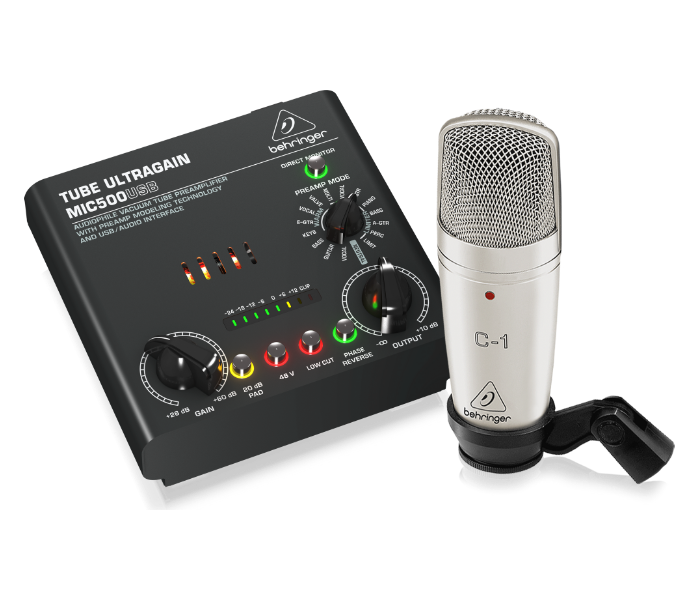 Behringer VOICE STUDIO Complete Recording Bundle with Studio Condenser Mic and Tube Preamplifier with 16 Preamp Voicings and USB Audio Interface - Black and Silver - Zoom Image 1