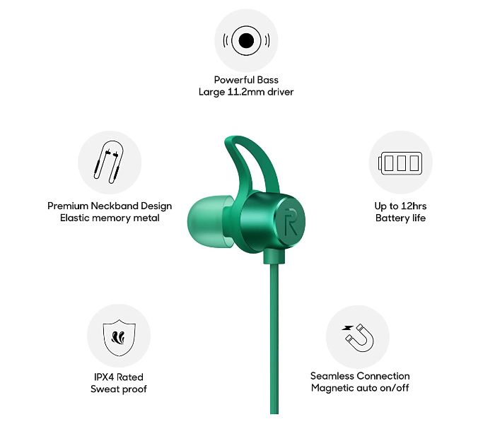 Realme Buds Wireless In-ear IPX4 Sweatproof Bluetooth 5.0 Deep Bass Bluetooth Earphone Neckband With Mic - Green - Zoom Image 2