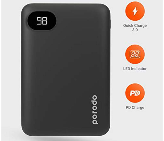 Porodo PD-PBFCH002-BK 10000mAh 4-Port Type-C and Micro USB Power Bank with LED Digital Power Display - Black - Zoom Image 2