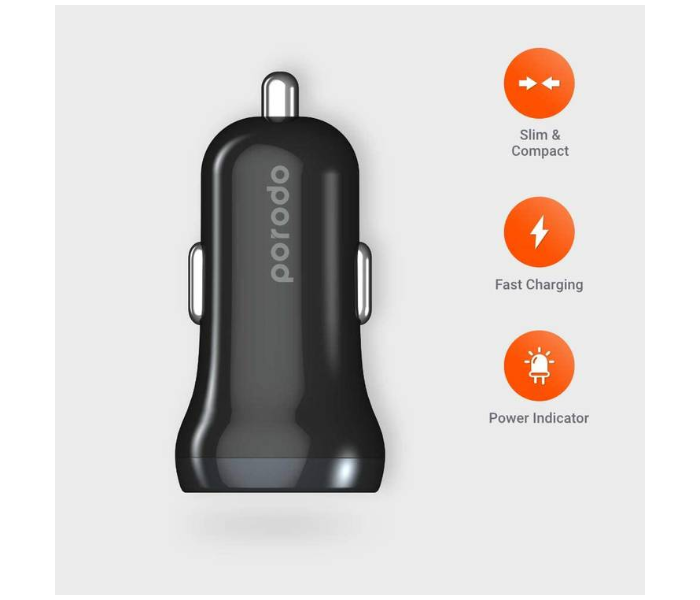 Porodo PD-383-BK Dual Port Slim Mini Car Charger with Fast Charging and Power Indicator - Black - Zoom Image 2