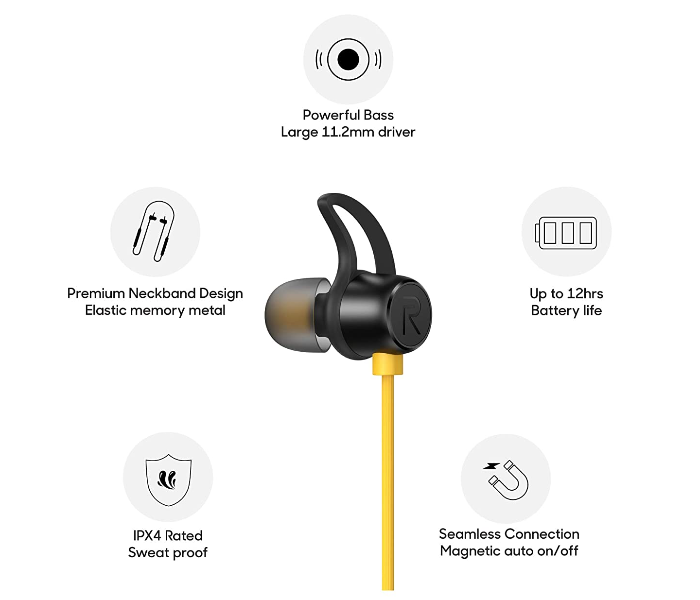 Realme Buds Wireless In-ear IPX4 Sweatproof Bluetooth 5.0 Deep Bass Bluetooth Earphone Neckband With Mic - Yellow - Zoom Image 5