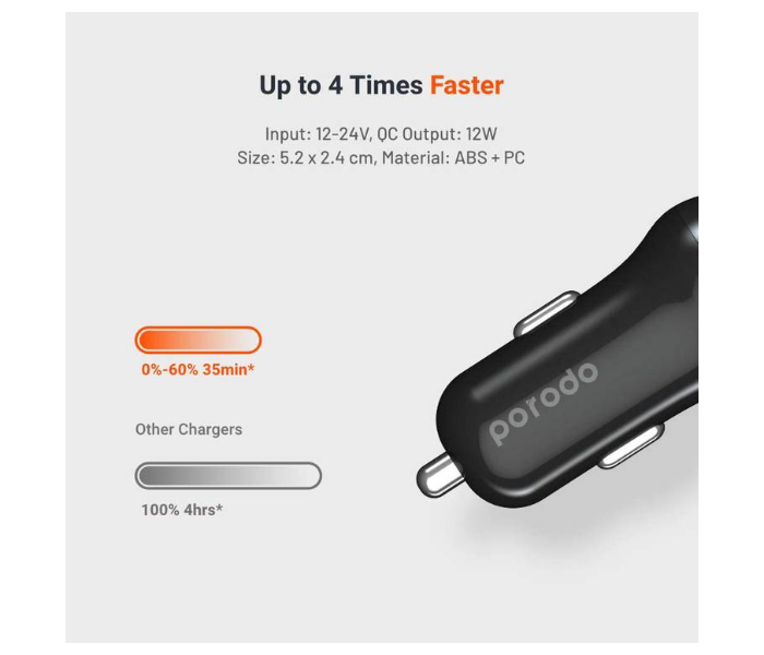 Porodo PD-383-BK Dual Port Slim Mini Car Charger with Fast Charging and Power Indicator - Black - Zoom Image 3