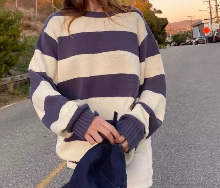 4040 Womens Stripped Long Sleeve Hoodie - Blue - Zoom Image 2