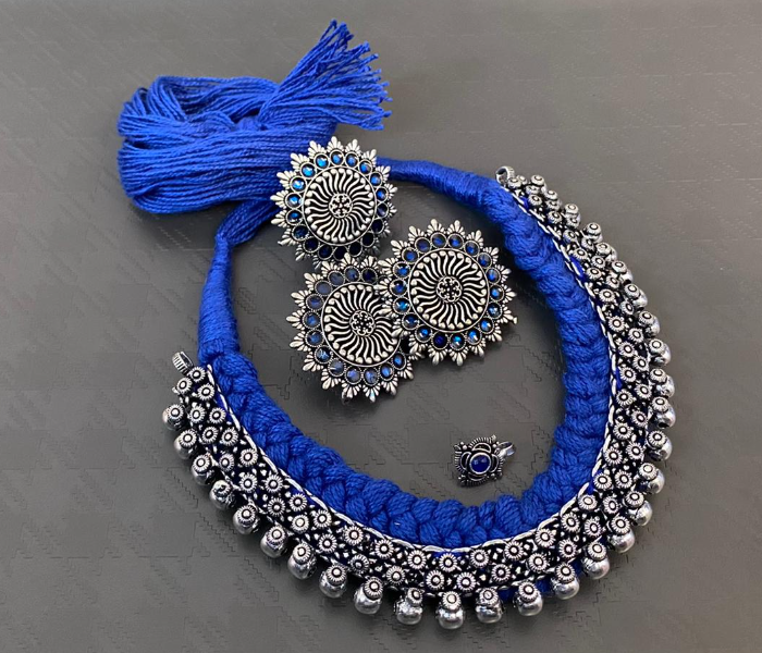 Fashionfies F024 Oxidized Silver Thread Work Choker and Matching Jhumkas With Ring and Nose Pin -Blue - Zoom Image