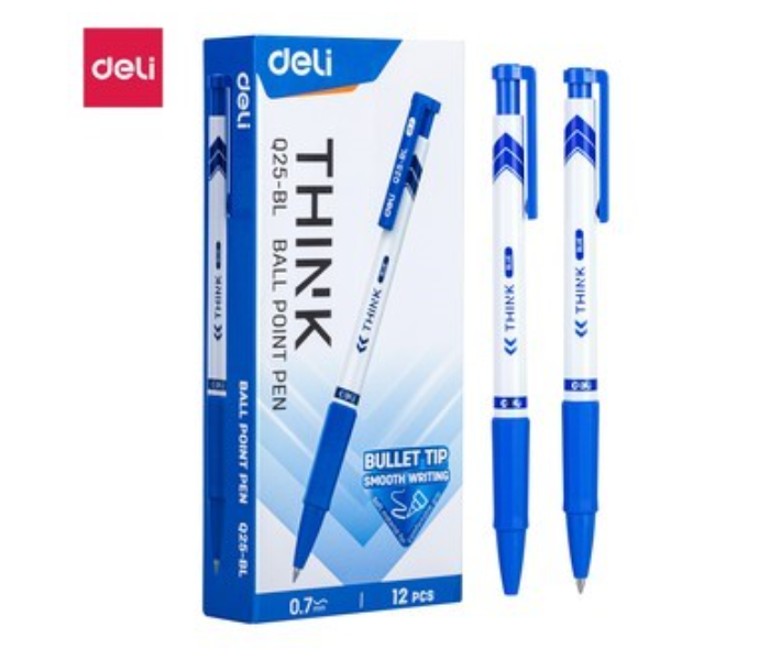 Deli Q25-BL 12 Piece 0.7mm Bullet Tip Ballpoint Pen - Blue - Zoom Image