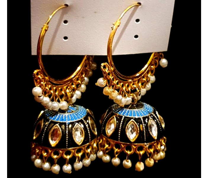 Strabella ER1-05c Beautiful Oxidised Stone studded Jhumka Earring with Beads for Women - Blue and Gold - Zoom Image