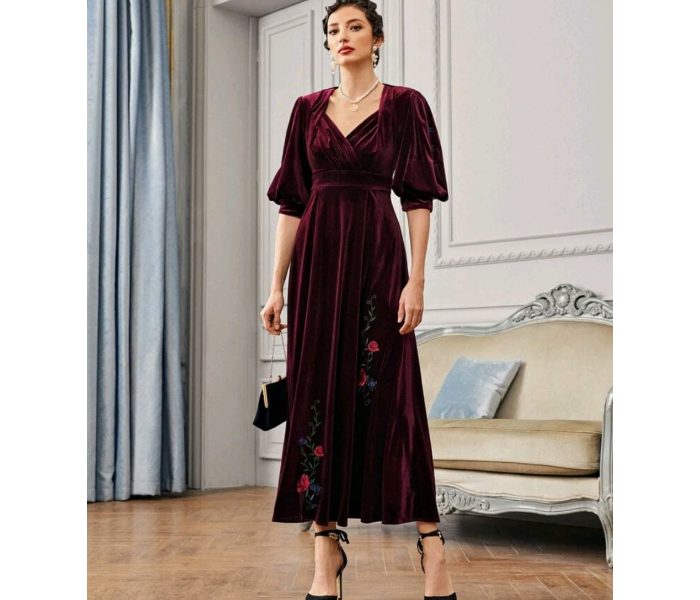 Sweetheart Neck Floral Embroidered with Lantern Sleeve Velvet Large Dress for Women - Maroon - Zoom Image 3