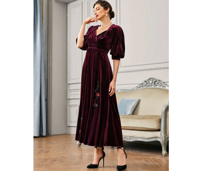 Sweetheart Neck Floral Embroidered with Lantern Sleeve Velvet Large Dress for Women - Maroon - Zoom Image 1