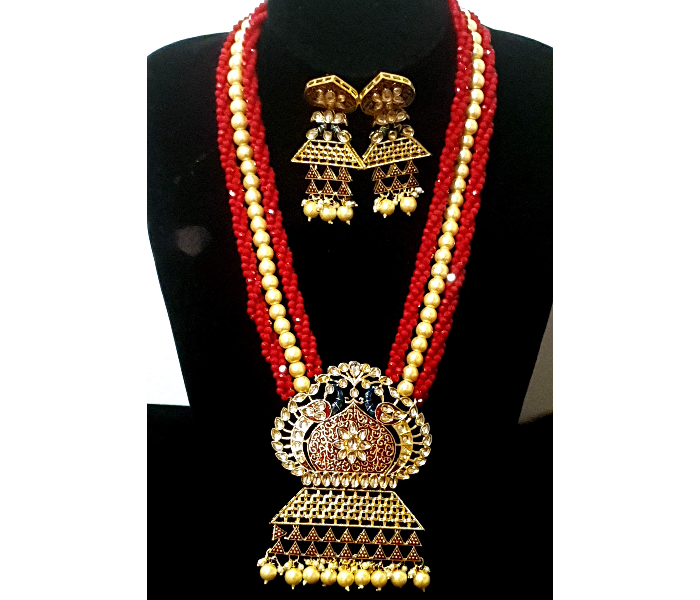 Strabella NC1-02 Long Necklace Set with Crystal Beads and Earring Set for Women - Red and Golden - Zoom Image