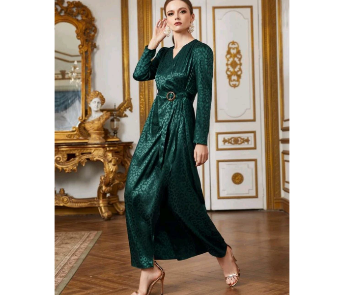 Surplice Wrap O-Ring Belted Leopard Jacquard Satin Fashionable Small Dress for Women - Green - Zoom Image 1