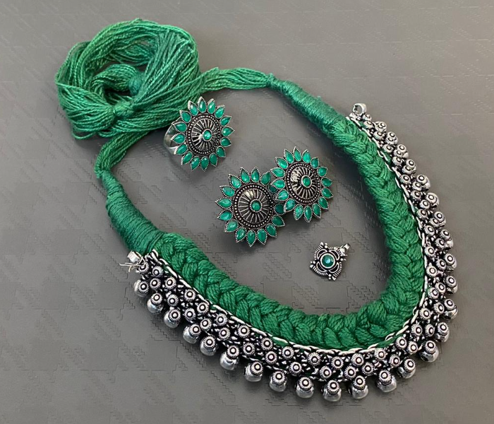 Fashionfies F021 Oxidized Silver Thread Work Choker and Matching Jhumkas With Ring and Nose Pin -Green - Zoom Image