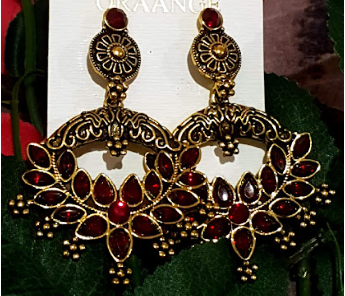 Strabella ER20-05a Beautiful Antique Stone Studded Dangle Earring for Women - Red and Gold - Zoom Image