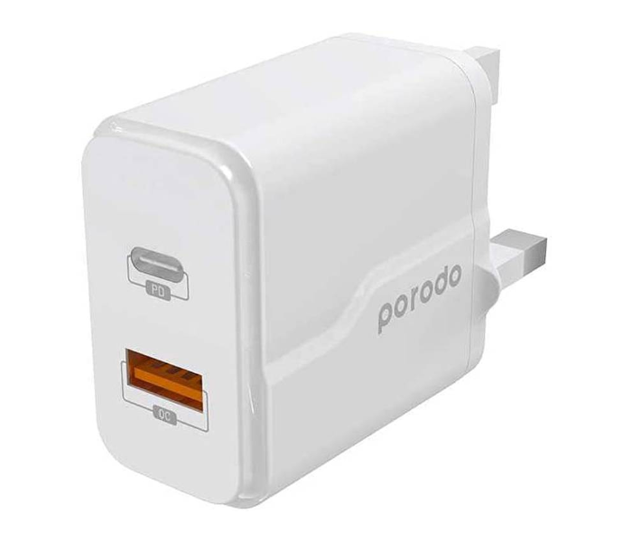 Porodo PD-18PDUK-WH Dual Port USB C Wall Charger with Braided Type-C to Lightning PD Cable - White - Zoom Image 1