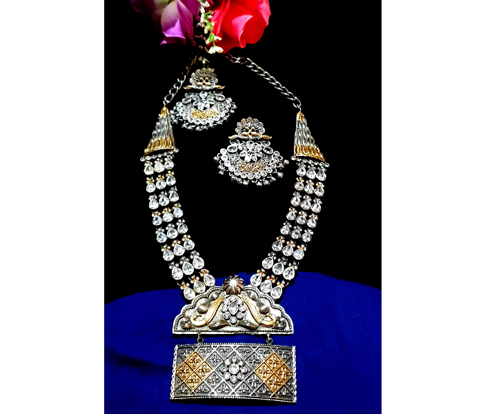 Strabella NC2-01 Premium Quality German Silver Pure Kundan Necklace and Earring Set for Women - Silver and Golden - Zoom Image