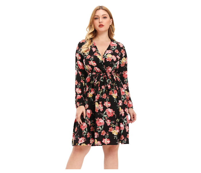 Roken Evan Plus 4XL Size V Neck Polyester Long Sleeve Flower Print Ethnic Dress - Black - Zoom Image 5