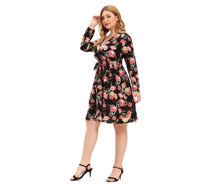 Roken Evan Plus 4XL Size V Neck Polyester Long Sleeve Flower Print Ethnic Dress - Black - Zoom Image 2