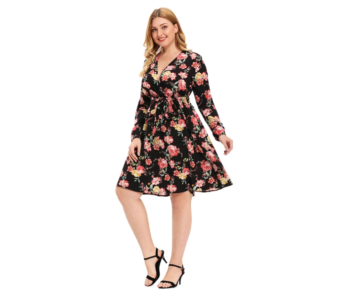 Roken Evan Plus 3XL Size V Neck Polyester Long Sleeve Flower Print Ethnic Dress - Black - Zoom Image 3