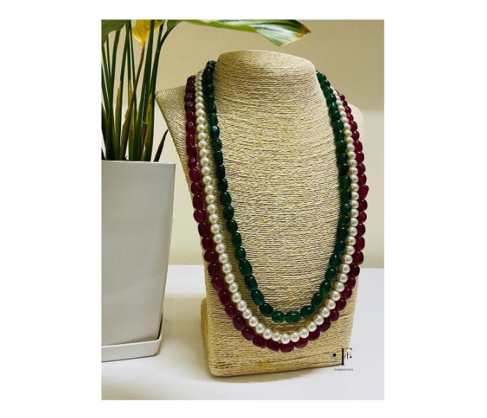 Fashionfies F042 Triple Layered Natural Stones and Pearls Mala for Women - Red and Green - Zoom Image