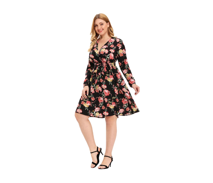 Roken Evan Plus 4XL Size V Neck Polyester Long Sleeve Flower Print Ethnic Dress - Black - Zoom Image 3