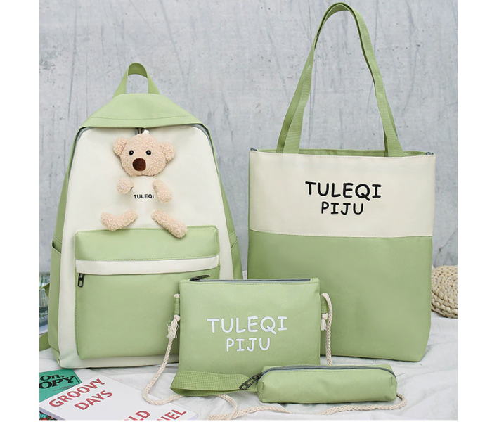 4 Pieces Fashion Cute Bear Canvas Shoulder School Bag for Teenage Girls - Green - Zoom Image 1