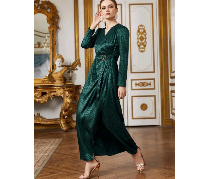 Surplice Wrap O-Ring Belted Leopard Jacquard Satin Fashionable Large Dress for Women - Green - Zoom Image 1