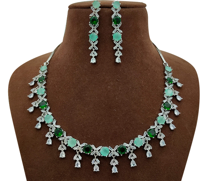 Strabella NC2-05 Premium Quality Ad Stone In Silver Polish Necklace and Earring Set for Women - Silver and Green - Zoom Image