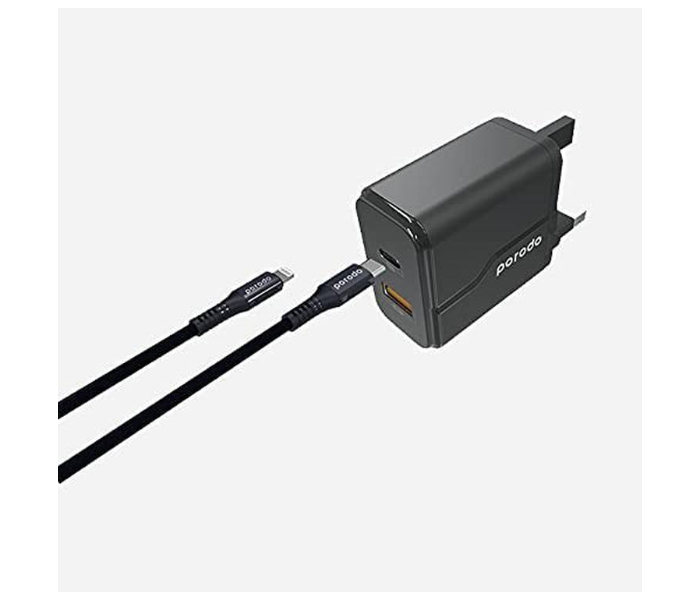 Porodo PD-18PDUKL-BK Dual Port USB Wall Charger with Braided Type-C to Lightning PD Cable - Black - Zoom Image 3