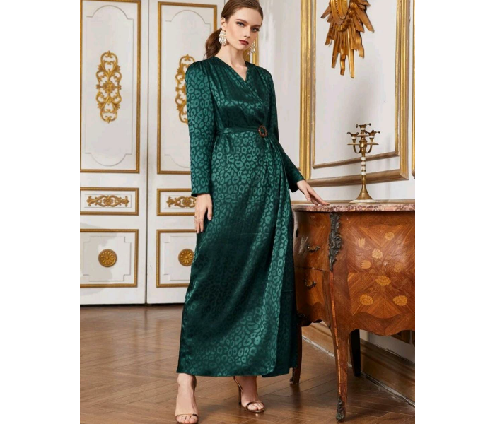 Surplice Wrap O-Ring Belted Leopard Jacquard Satin Fashionable Small Dress for Women - Green - Zoom Image 2