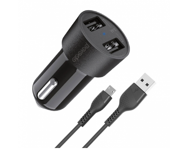 Porodo PD-M8J622M-BK 3.4A Universal Compatible Dual USB Car Charger with Micro USB Cable - Black - Zoom Image