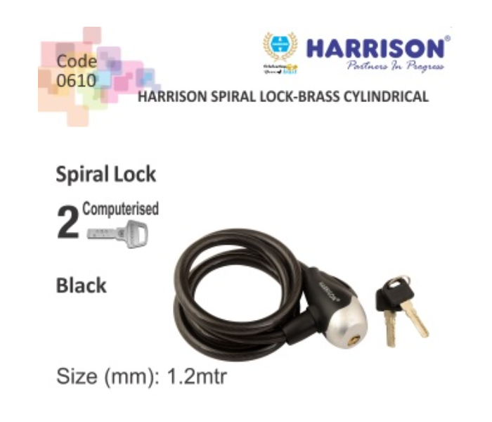 Harrison Set of 2 Spiral Cylce Lock-Brass Cylindrical with 2 Computerised Key - Black and Red - Zoom Image 2