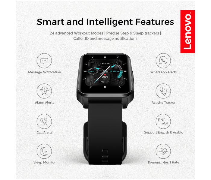 Lenovo S2 Pro With Arabic Support Rectangular Designed Dial Protected By 2.5d Curved Glass Smartwatch -Black - Zoom Image 3