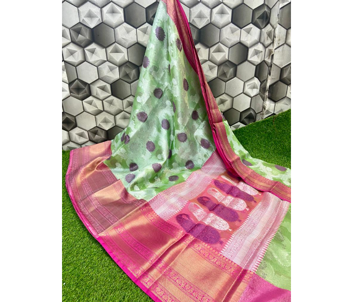 Fashionfies F020 Kora Silk Saree With Contrast Blouse -Pink and Green - Zoom Image