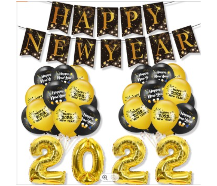 Golden Happy New Year 2022 Foil Balloon Kit With Banner 1 Set Of New Year Party Banner 1 Set Of 4 2022 Aluminum Film Balloons 1 Set Of 20 -12 Inch Latex Balloon Sets 2 Rolls Of 10m Gold Ribbon And Air - Zoom Image 1