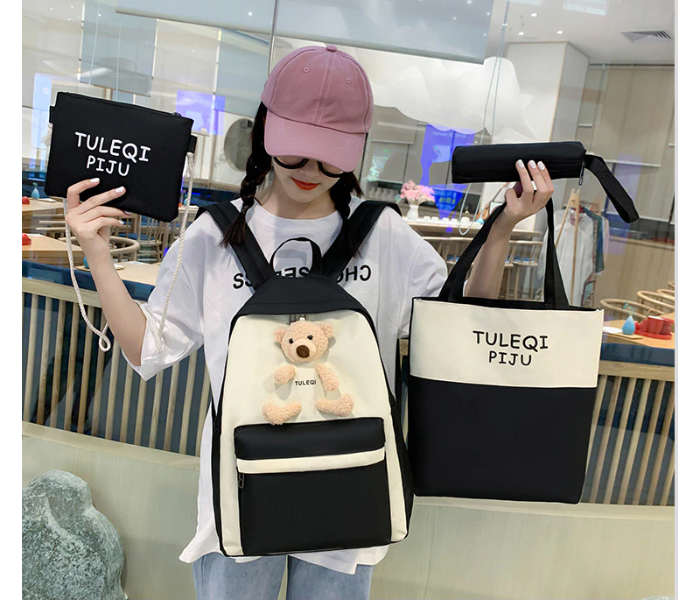 4 Pieces Fashion Cute Bear Canvas Shoulder School Bag for Teenage Girls - Black - Zoom Image 4