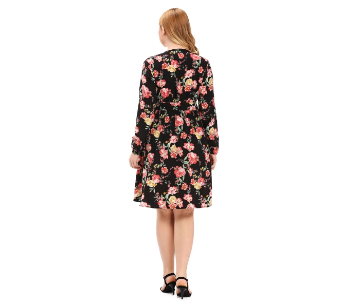 Roken Evan Plus XL Size V Neck Polyester Long Sleeve Flower Print Ethnic Dress - Black - Zoom Image 6