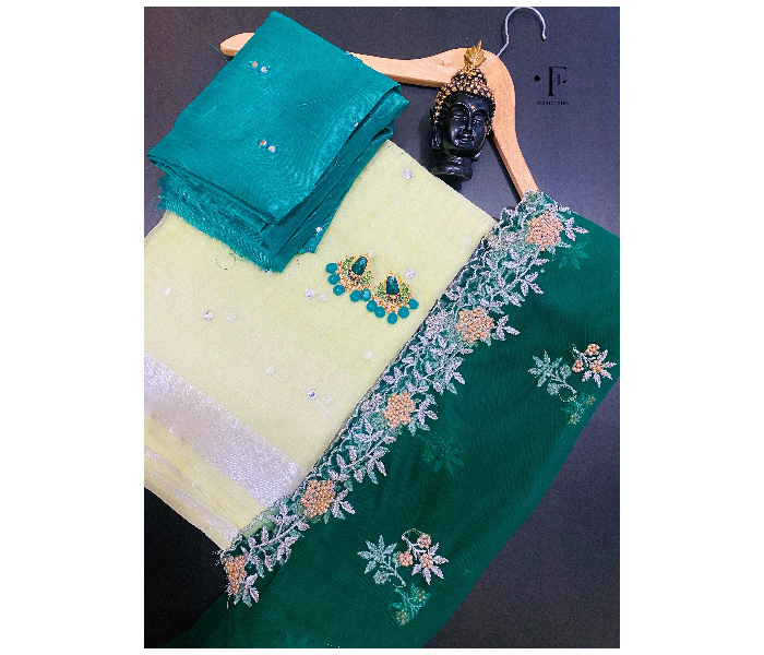 Fashionfies F012 2.25 Meter Organza Fabric Lehengha Set and 1Meter Blouse With Netted Dupatta and Matching Meenakari Earrings - Green and White - Zoom Image