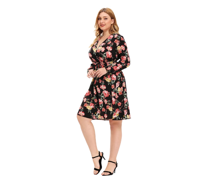 Roken Evan Plus 2XL SizeV Neck Polyester Long Sleeve Flower Print Ethnic Dress - Black - Zoom Image 4