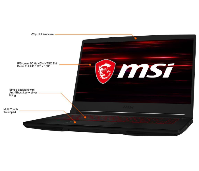 MSI 9S7-16R512-022  GF63 Thin 10SCXR Gaming 15.6 Inch FHD Intel Core i510500H Processor 8GB RAM 256GB SSD 4GB NVIDIA GeForce GTX 1650 Graphics Windows 10 - Black - Zoom Image 2