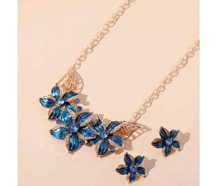 1 Piece Beautiful Flower Decor Stone Designed Necklace and 1 Pair of Matching Earrings - Blue - Zoom Image 1