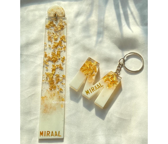 Resin 809 Personalised Name Bookmark and Keychain Combo - White and Gold - Zoom Image