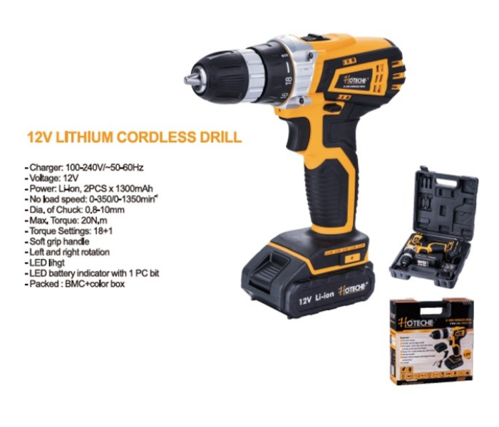 Hoteche 12 Volt Lithium Cordless Drill - Black and Yellow - Zoom Image