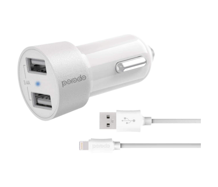 Porodo PD-M8J622L-WH 3.4A Universal Compatible Lightning Dual USB Car Charger Cable - White - Zoom Image