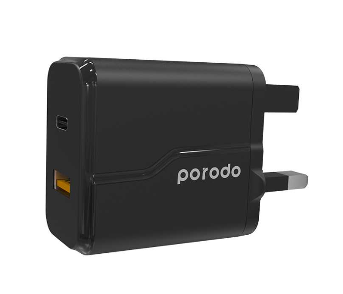 Porodo PD-18PDUK-BK Dual Port USB-C Fast Charging Adapter Wall Charger with Built-in Protective Mechanism and Fire Retardant - Black - Zoom Image 1