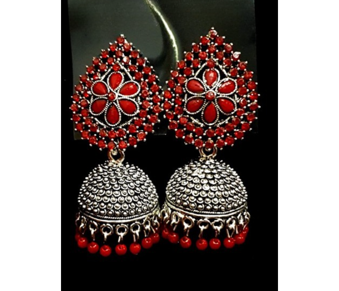 Strabella ER1-02 Oxidized Earring For Women With Stones And Beads -Red and Silver - Zoom Image