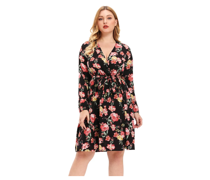 Roken Evan Plus XL Size V Neck Polyester Long Sleeve Flower Print Ethnic Dress - Black - Zoom Image 5