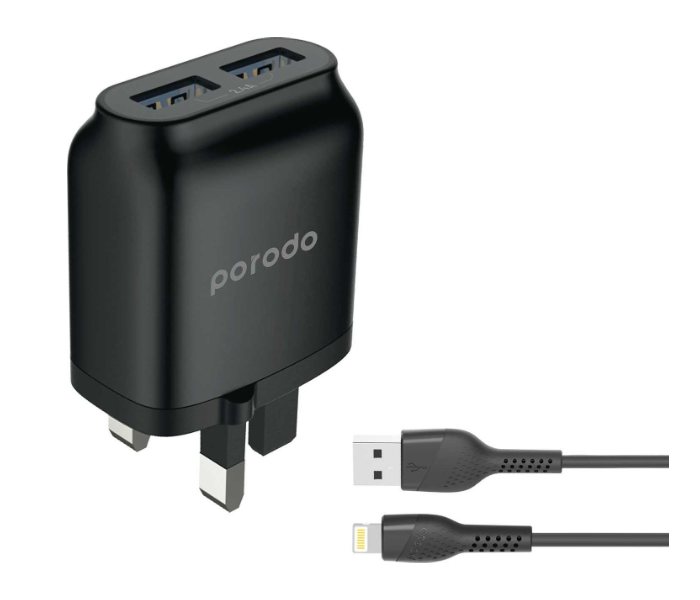 Porodo PD-0203LU2-BK 2.4A Dual USB Wall Charger with Improved Version PVC Lightning Cable - Black - Zoom Image