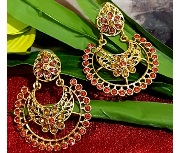 Strabella ER20-04c Beautiful Antique Stone Studded Dangle Earring for Women - Red and Gold - Zoom Image