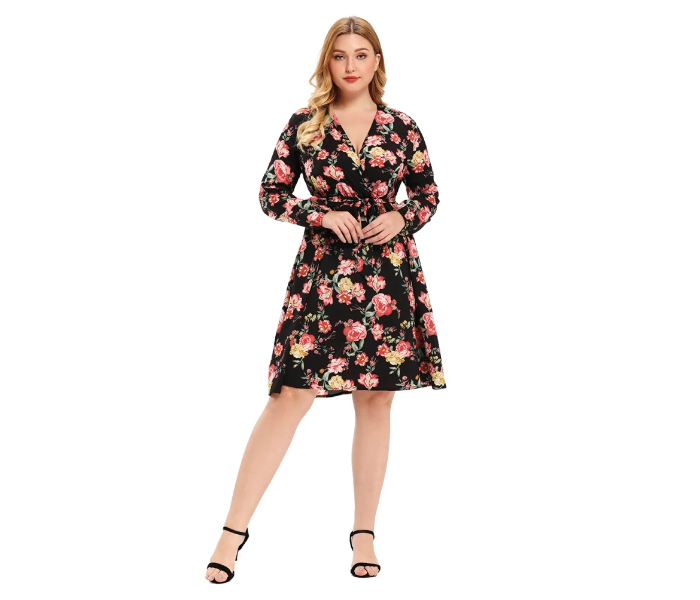 Roken Evan Plus 3XL Size V Neck Polyester Long Sleeve Flower Print Ethnic Dress - Black - Zoom Image 1