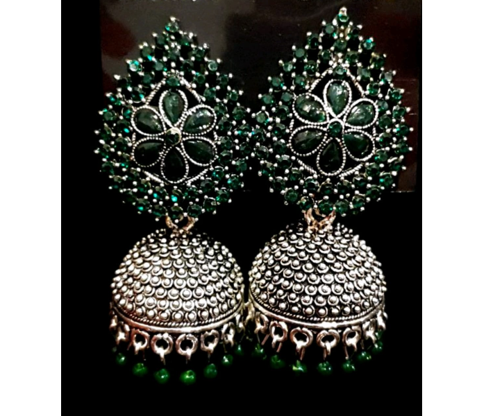 Strabella ER1-06 Beautiful Oxidised Stone studded Jhumka Earring for Women - Silver and Green - Zoom Image