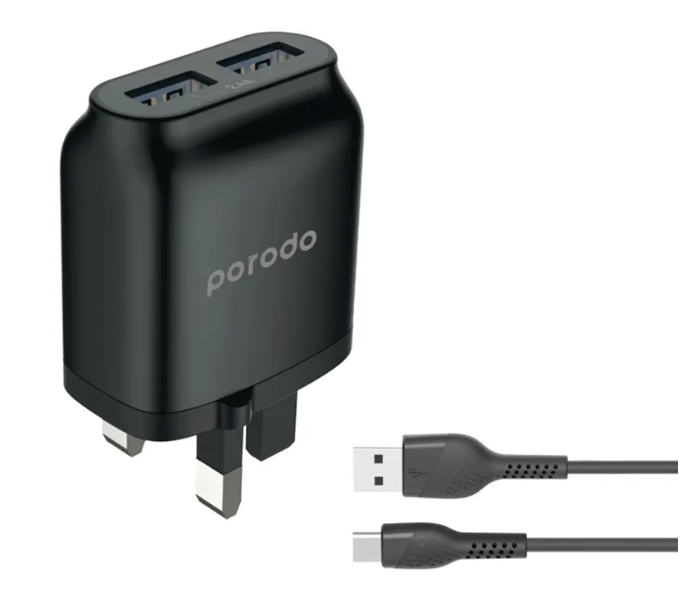 Porodo PD-0203TU2-BK 2.4A Dual USB Wall Charger with Improved Version PVC Type-C Cable - Black - Zoom Image